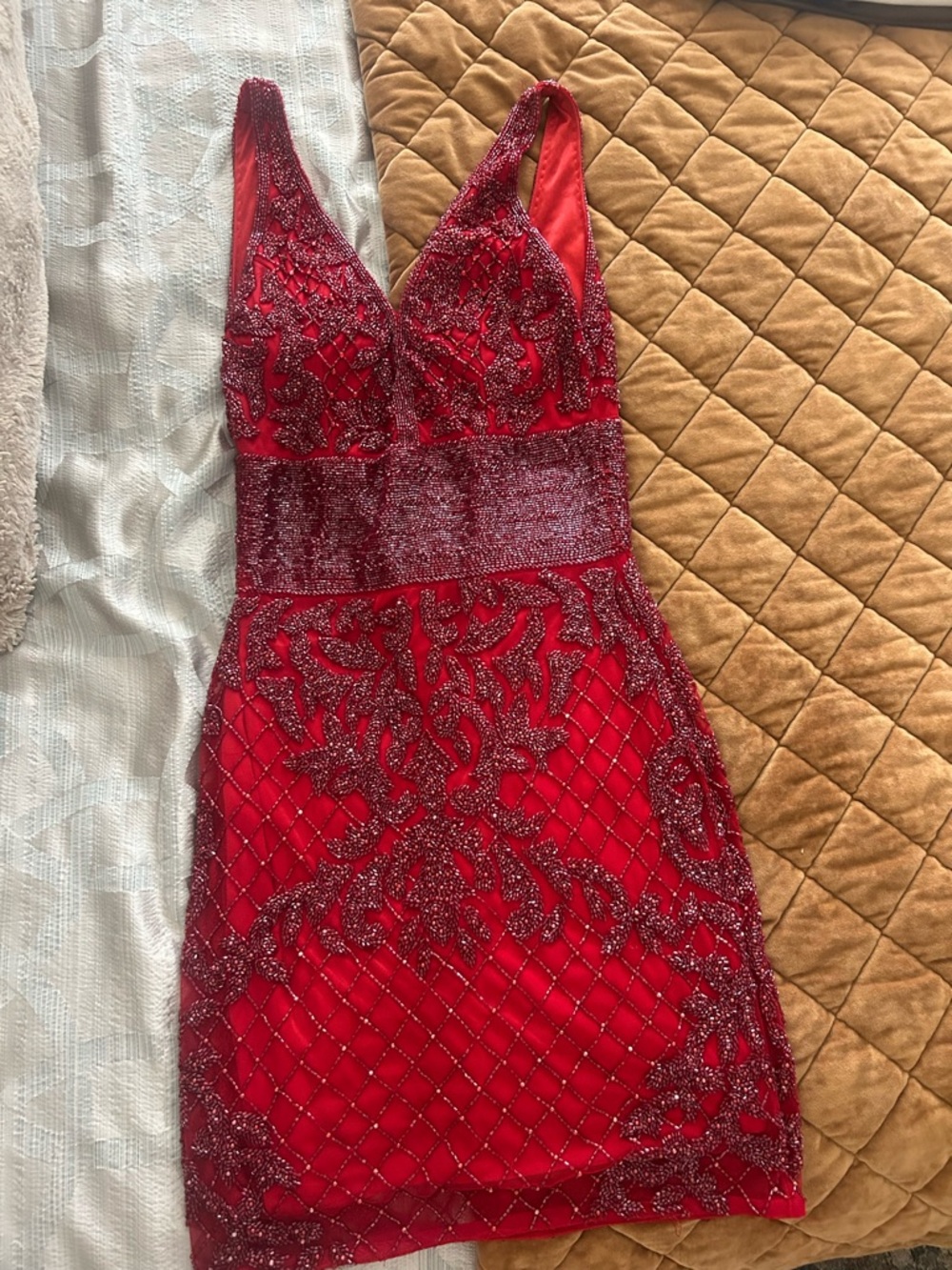 Red Beaded V-Neck Prom Dress with Glitter Waist